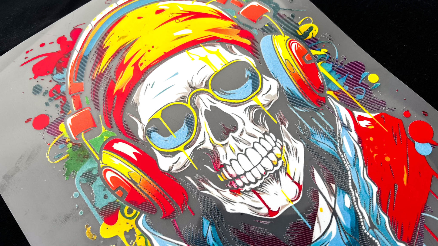 Detailed view of DTF transfer showing vibrant colours and fine print quality.